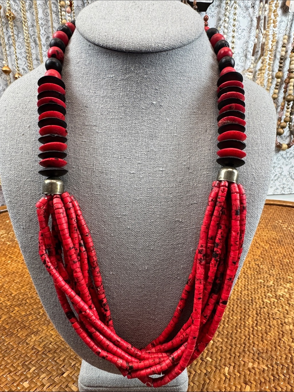 Black and Red Multi Strand Necklace Wooden Beads Coral Inspired